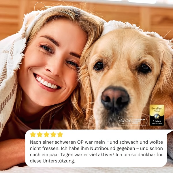 A close-up image of a woman embracing her dog, accompanied by a five-star customer review text box highlighting the rapid recovery of a pet after surgery.