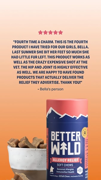A vertical 9:16 ad featuring a five-star customer review overlaid on a warm-toned background with the product packaging.