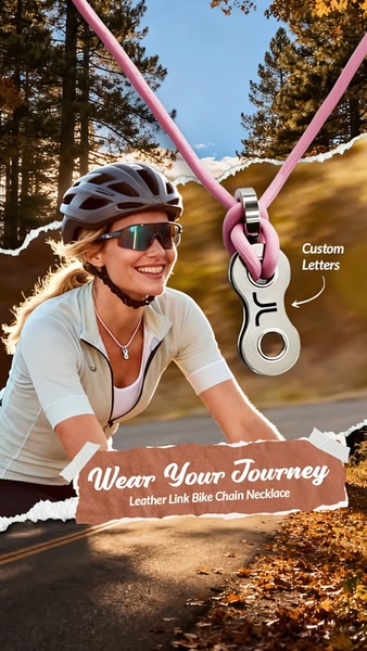 A vertical ad featuring a cyclist wearing a custom-lettered bike chain necklace, highlighting the emotional connection of the jewelry piece.