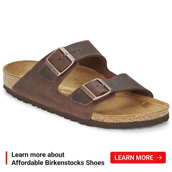 A clean, high-contrast studio shot of a leather sandal against a white background, featuring a clear call-to-action button for product discovery.