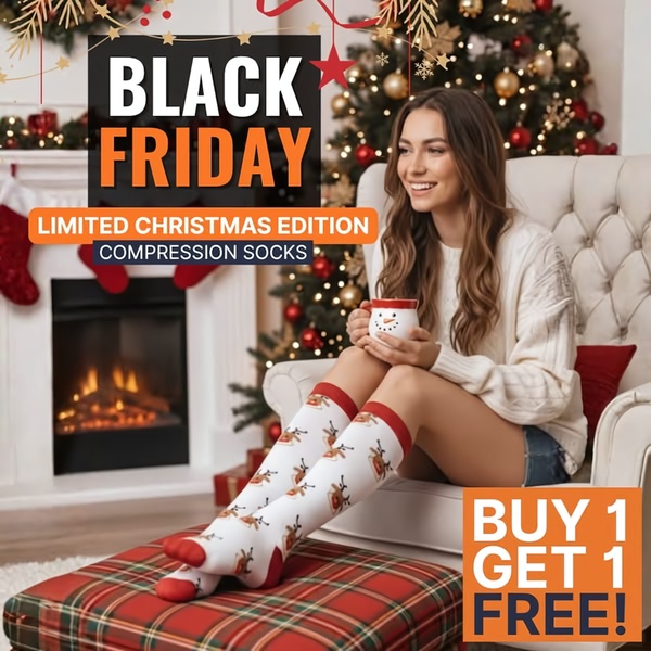 A festive Black Friday ad featuring compression socks with a Buy 1 Get 1 Free offer, set in a cozy holiday living room.