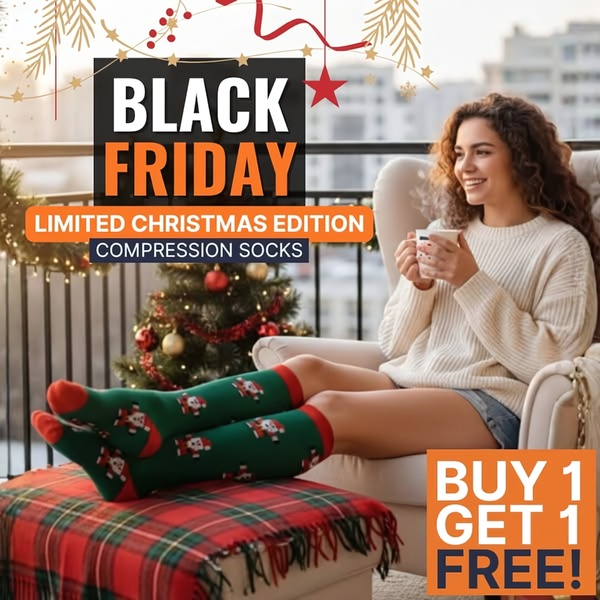 A festive Black Friday ad featuring compression socks being worn in a cozy, holiday-themed living room setting with a clear buy-one-get-one offer.