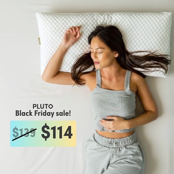 A high-angle product shot of a person sleeping on a pillow with prominent Black Friday pricing information overlay.