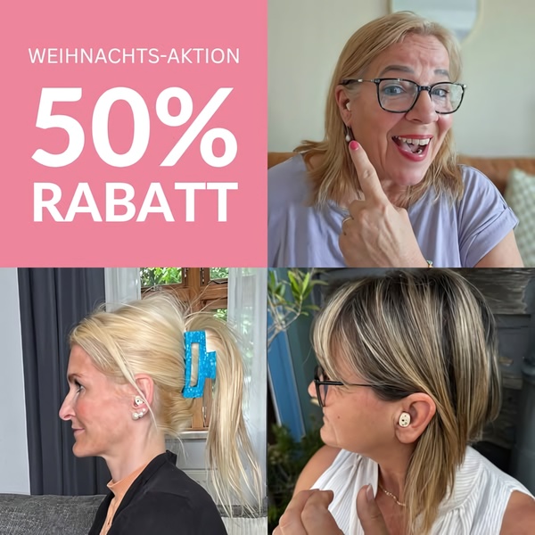 A split-screen advertisement featuring three different users wearing hearing aids with a clear holiday offer headline.
