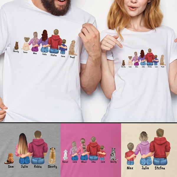 custom t-shirt, graphic tee, personalized shirt, family t-shirt, printed tee, gift guide, lifestyle, playful, warm, neutral, pink