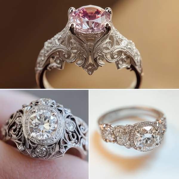 A close-up studio shot of a finely detailed engagement ring, showcasing ornate silver craftsmanship and a prominent center stone in a square crop.