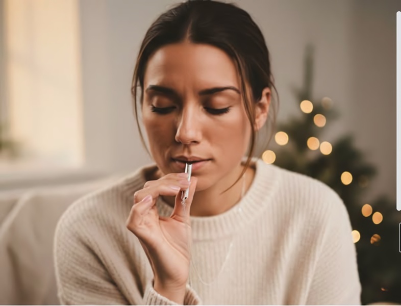 A close-up image of a person using a breathing necklace in a soft, cozy, holiday-themed setting.