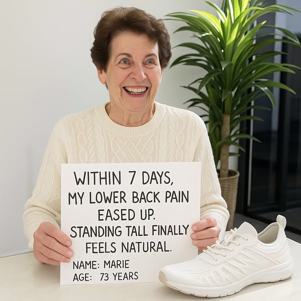 This testimonial-based creative features a 73-year-old customer holding a handwritten card about her back pain relief, alongside the product.