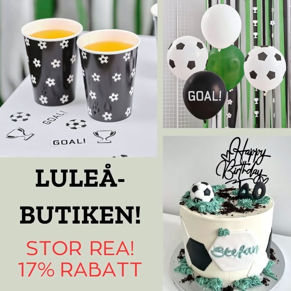 A promotional creative showcasing a soccer-themed birthday setup, including decorated party cups, balloons, and a custom soccer birthday cake.