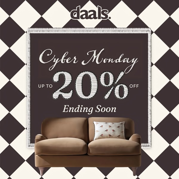 A high-contrast 1:1 square graphic featuring a sofa centered against a checkered background with clear, bold promotional text for a Cyber Monday sale.
