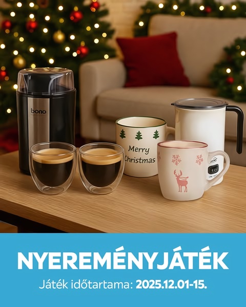 A cozy, holiday-themed promotional graphic featuring a coffee grinder, milk frother, and branded mugs to announce a limited-time festive giveaway.
