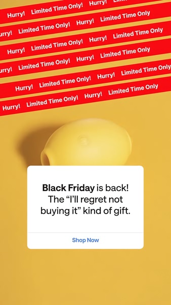A high-urgency vertical ad creative featuring a minimalist product shot combined with a bold, repetitive text-based ticker for a holiday sale.