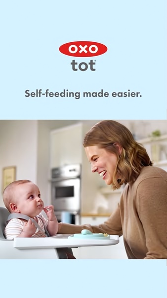 This creative features a close-up lifestyle shot of a parent and child interacting during a mealtime, highlighting the ease of use of a high chair.
