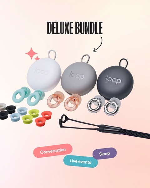 A high-contrast, organized product display featuring three earplug cases with various accessories and ear tip sizes, presented on a soft gradient background.
