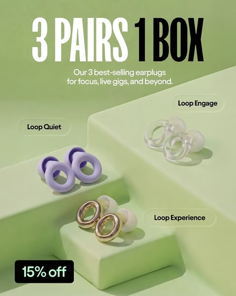 A clean, minimalist product showcase featuring three distinct pairs of earplugs arranged on a geometric platform, emphasizing a 15% off discount.