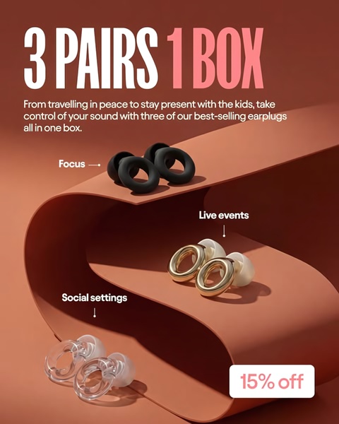 A clean, studio-lit display showcasing three variations of earplugs with specific use-case labels, topped with a clear value-proposition headline.