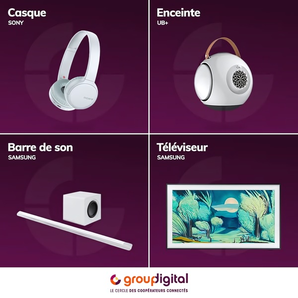 A clean, four-quadrant grid layout showcasing various consumer electronics including headphones, a portable speaker, a soundbar, and a television.