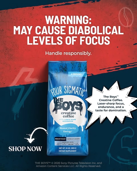 A bold product-centric ad for creatine-infused coffee that uses a warning-style headline and graffiti aesthetics to signal intense energy benefits.