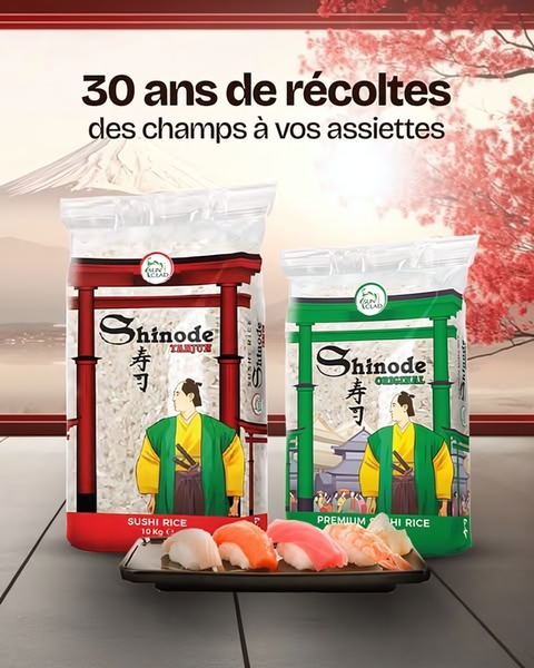 A high-authority ad creative featuring two bags of premium sushi rice positioned against a traditional Japanese landscape backdrop.