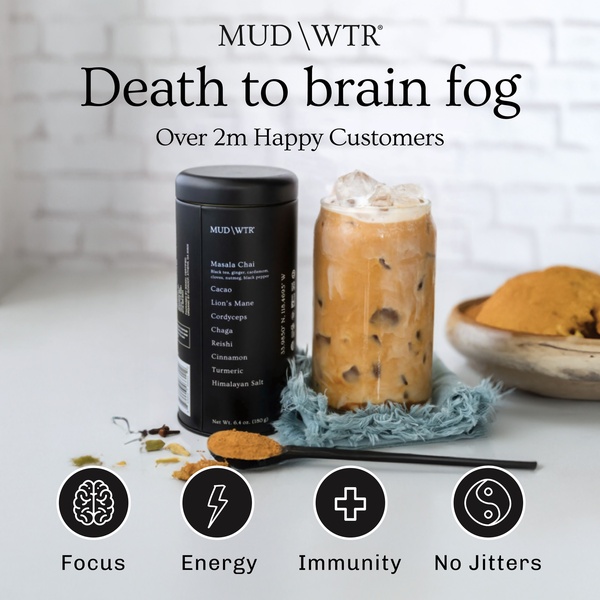 A high-contrast 1:1 image showcasing a Masala Chai powder drink alongside ingredients, emphasizing health benefits like focus, energy, immunity, and no jitters.
