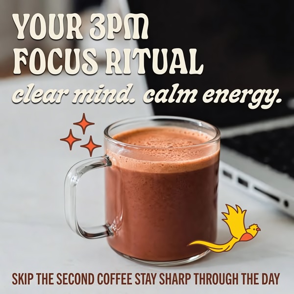 A minimalist, aesthetic beverage ad promoting a healthy, calm energy alternative to coffee for afternoon productivity.