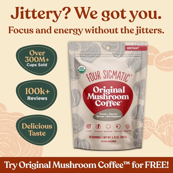 A square format ad creative that uses a direct question to hook caffeine-sensitive customers, supported by trust badges and clear value propositions.