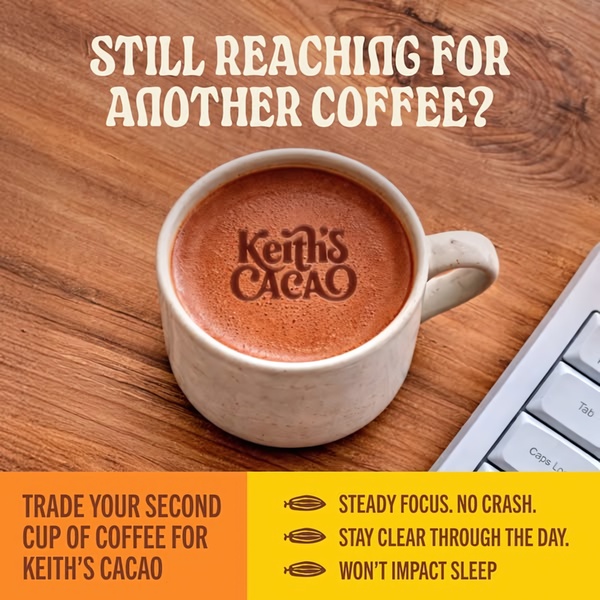 A high-contrast visual showing a cup of cacao next to a keyboard, posing a direct question to commuters and office workers about their caffeine habits.