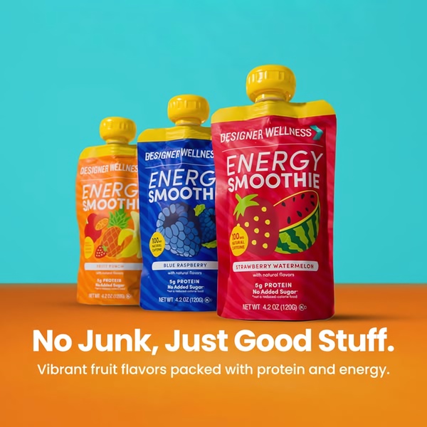 A bright, color-blocked composition showcasing three flavors of energy smoothie pouches with clear, benefit-oriented text.