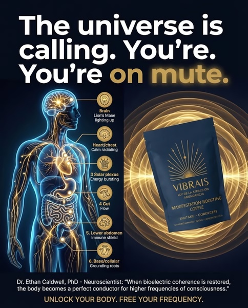 This 4:5 static ad uses an anatomical infographic of the human body labeled with mushroom-based benefits to position the coffee as a wellness tool.