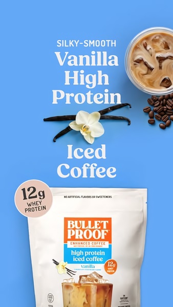 A clean, minimalist product spotlight featuring iced coffee, vanilla accents, and clear nutritional value communication.