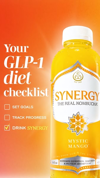 A 9:16 vertical social ad featuring a bottle of Synergy kombucha presented as an essential, checked-off item on a health-conscious diet checklist.