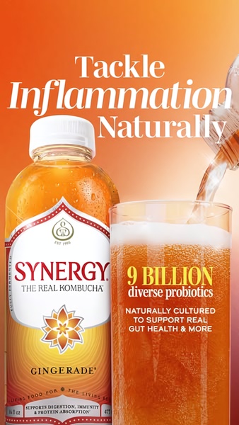 A 9:16 vertical ad showing kombucha being poured into a glass, highlighting the product's natural benefits and probiotic content against a warm background.