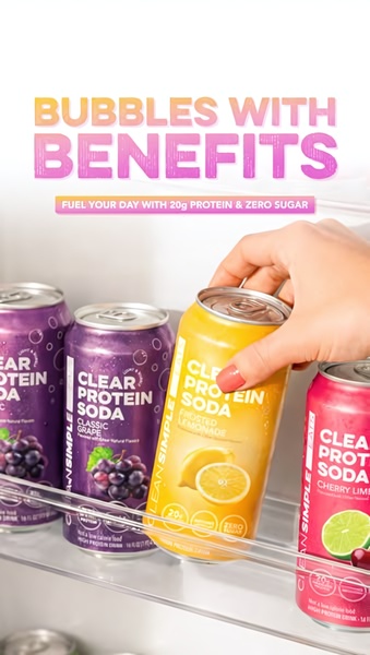 A high-conversion 9:16 vertical creative for a protein soda brand, featuring a clean refrigerator setup and direct benefit-led messaging.