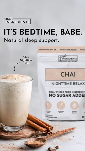 A 9:16 vertical social ad featuring a warm glass of chai with a product bag, emphasizing natural sleep support.
