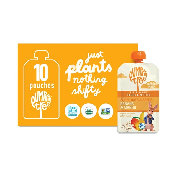 A clean, high-contrast ad featuring a fruit puree pouch, emphasizing ingredient transparency through bold typography and certification icons.