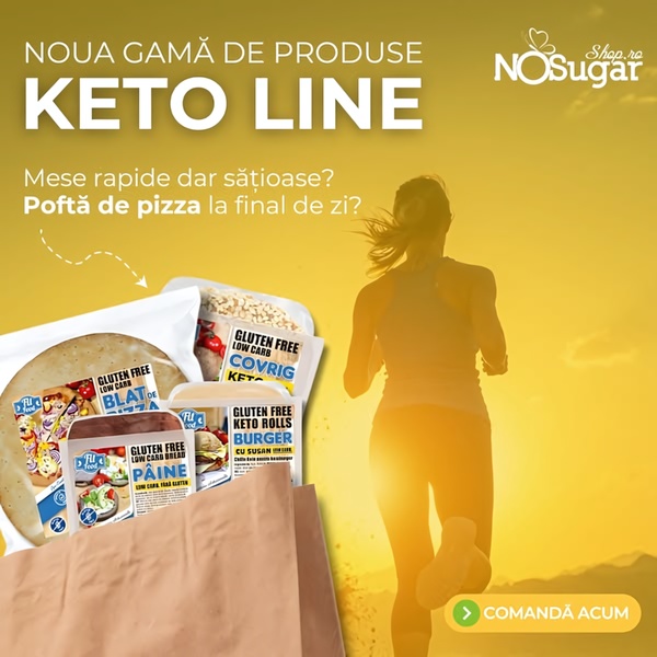 This 1:1 creative displays a range of low-carb, gluten-free food products positioned alongside a silhouette of an active person at sunset.