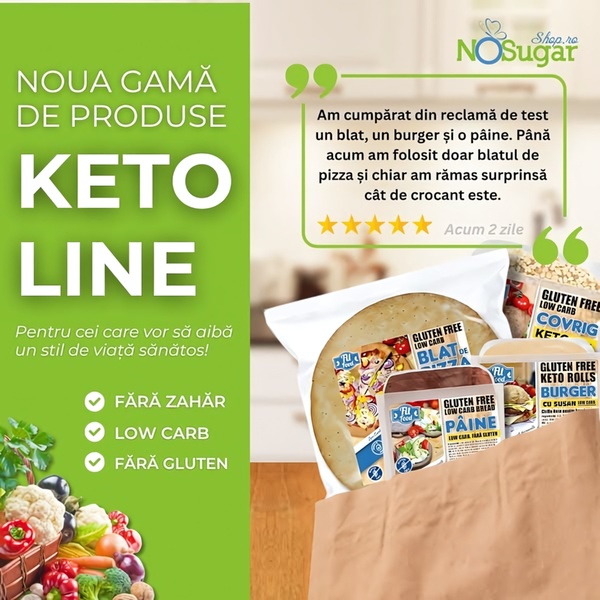 A square ad format highlighting a new range of keto-friendly, gluten-free, and sugar-free bakery products using a customer review as a trust-building hook.