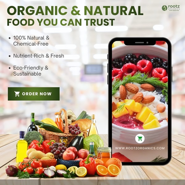 A 1:1 square ad creative featuring a smartphone overlay showing fresh food, contrasted against a blurred retail background with bulleted benefits.