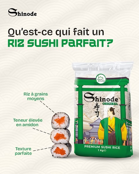 This static 4:5 ad creative uses a clean, instructional layout to deconstruct the anatomy of a perfect sushi rice grain through clear, descriptive visual callouts.