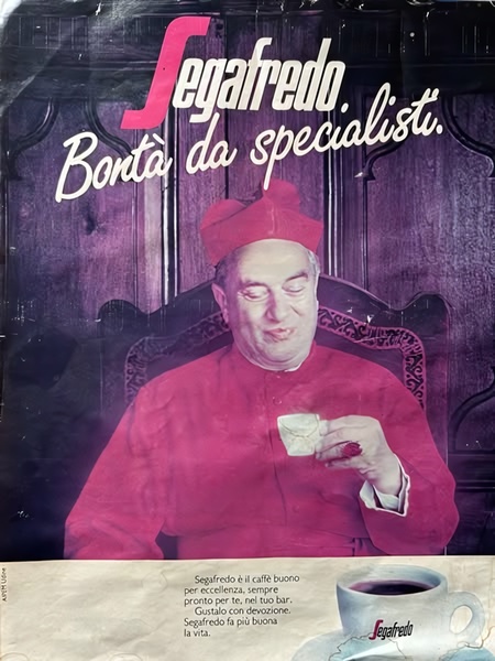 A classic advertisement featuring a high-ranking religious figure enjoying a cup of coffee, emphasizing professional quality and taste.