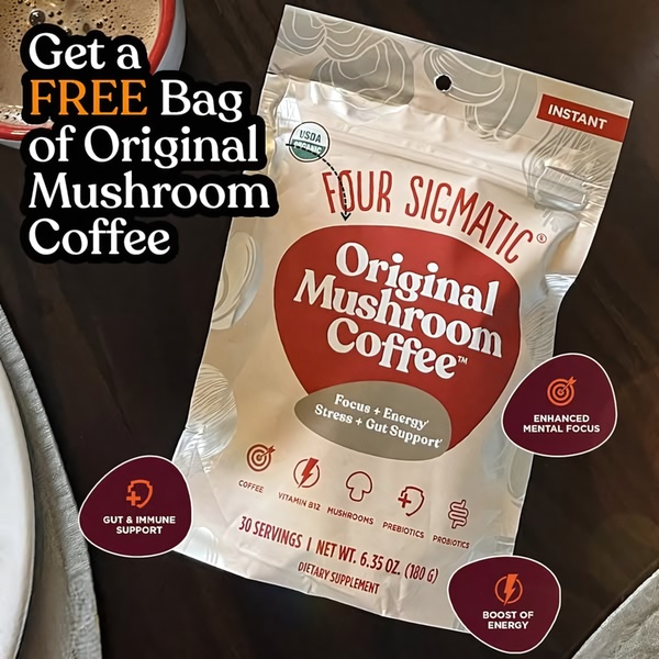A 1:1 format ad creative showcasing a branded bag of mushroom coffee with clear, value-proposition overlays highlighting mental focus, energy, and gut support.