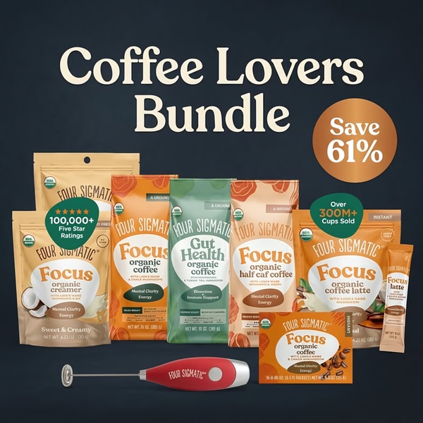 A 1:1 square promotional image showcasing a collection of organic coffee products with a prominent 61% discount offer and social proof badges.