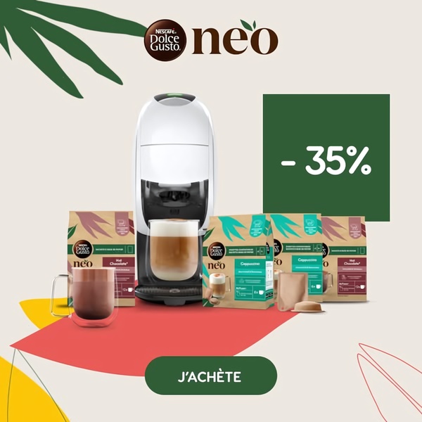 A clean, minimalist 1:1 square graphic showcasing a coffee machine alongside beverage pods and a drink, highlighting a specific 35% discount.