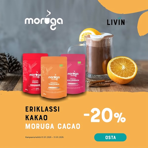 A clean 1:1 square graphic featuring three bags of cacao powder alongside a steaming mug and fresh orange slices to highlight a 20% discount.