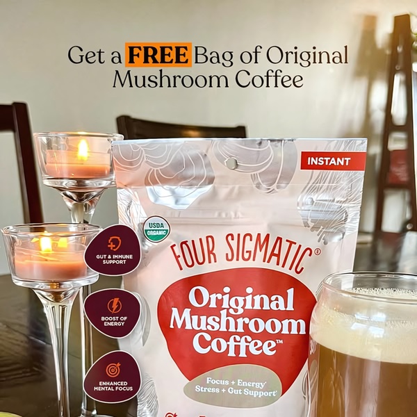 A high-conversion 1:1 square creative featuring a free product offer alongside benefit-focused overlays for a mushroom coffee brand.