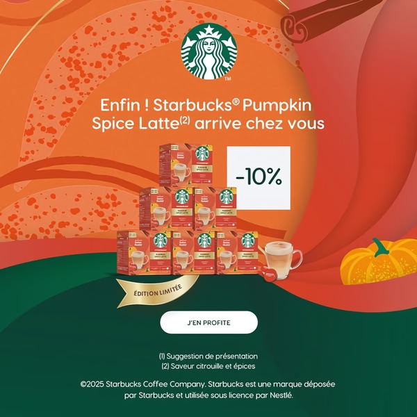 A square-format static ad highlighting the return of a seasonal coffee product with a clear 10% discount incentive.