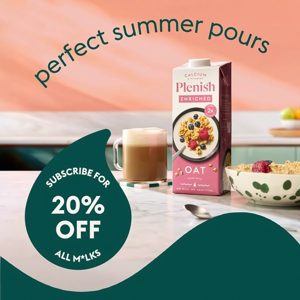 A 1:1 ratio creative featuring a package of oat milk alongside a glass of cold coffee, promoting a 20% discount on subscriptions.