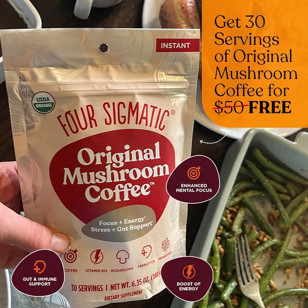 This 1:1 square static ad presents an organic mushroom coffee product with a bold free-offer headline and clearly articulated health benefits.