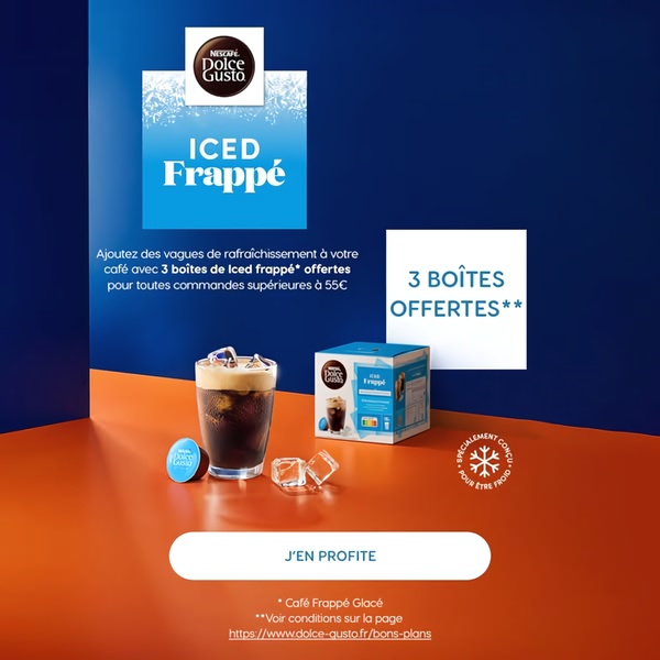 A clean, color-blocked promotional ad featuring a clear beverage offer with a high-contrast call-to-action button for a product bundle.