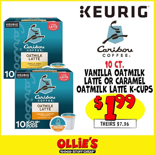 A direct price-comparison ad showing the retail savings for Keurig compatible oatmilk latte pods against their standard price.